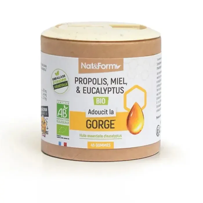 Nat & Form Propolis, Miel & Eucalyptus Bio Adoucit la Gorge 45 Gommes