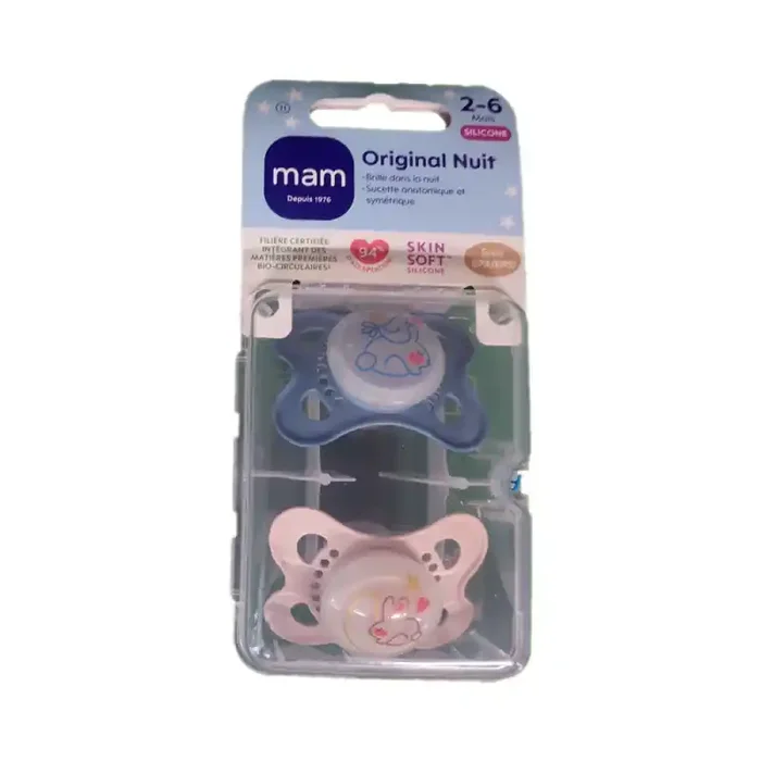 ORIGINAL SUCETTES NUIT SILICONE 2-6MOIS LOT DE 2 NATURE BLEU MAM