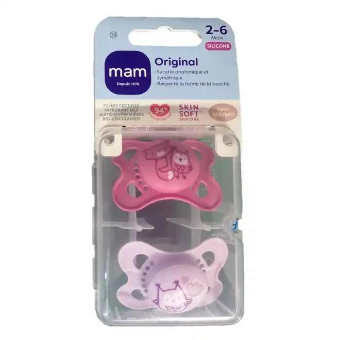 ORIGINAL SUCETTES SILICONE 2-6MOIS LOT DE 2 NATURE ROSE MAM