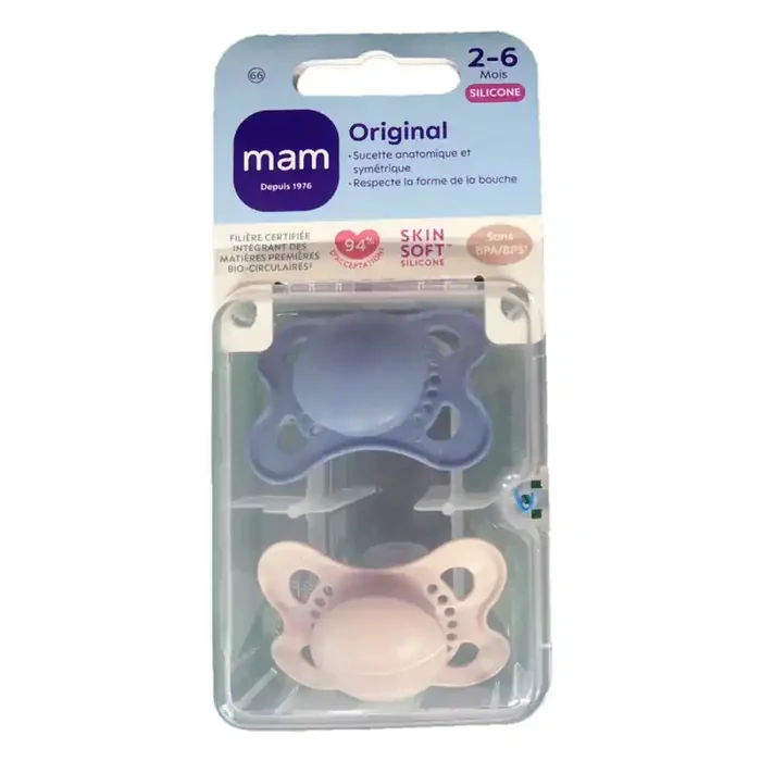 ORIGINAL SUCETTES SILICONE 2-6MOIS LOT DE 2 UNI BLEU MAM