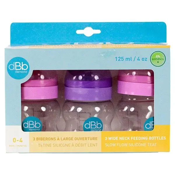 Pack 3 biberons 125ml 0-4mois et tétine rose et violet