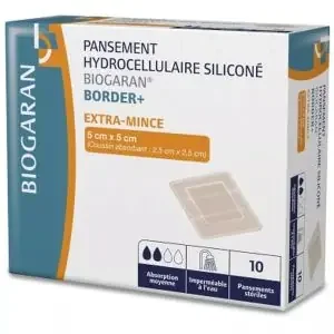 Pansement hydrocellulaire siliconé – Border+ – Ultra mince – 5x5CM – Par 10