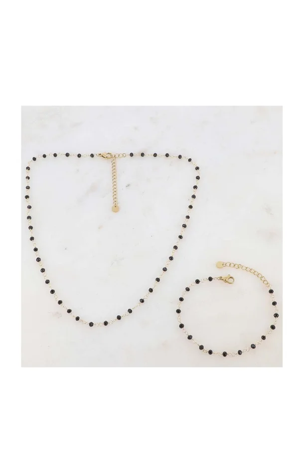 Parure – Collier & bracelet – Acier inoxydable doré & perles noires