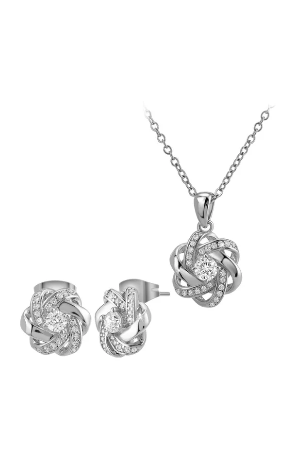 Parure boucles d’oreilles & collier – Acier inoxydable & cristaux – Argenté