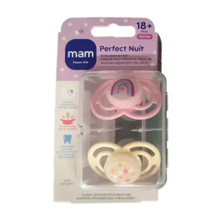 PERFECT SUCETTES NUIT SILICONE 18MOIS+ LOT DE 2 ROSE MAM