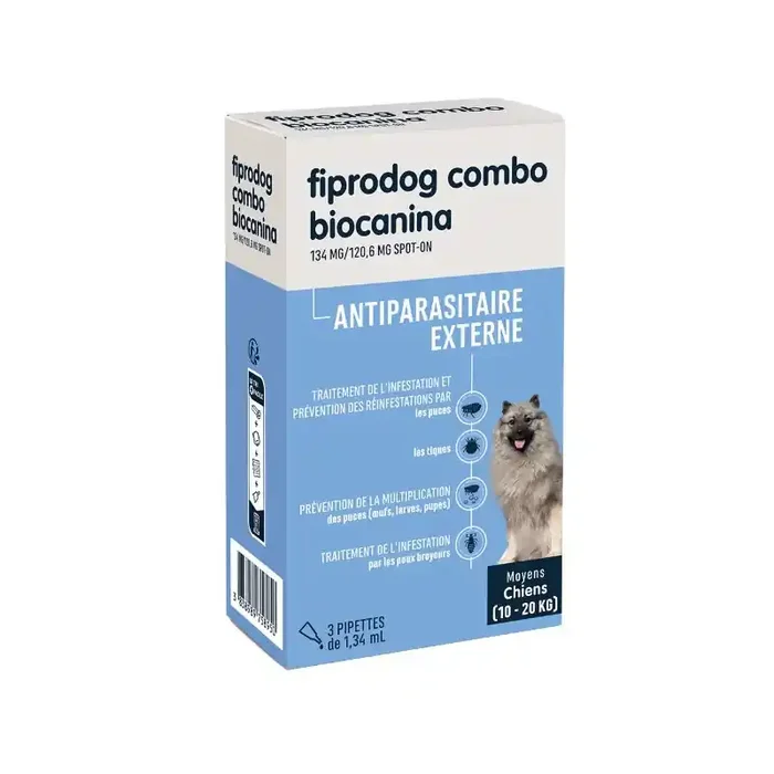PIPETTES FIPRODOG COMBO 134MG MOYENS CHIENS 10-20KG ANTIPARASITAIRE EXTERNE BIOCANINA