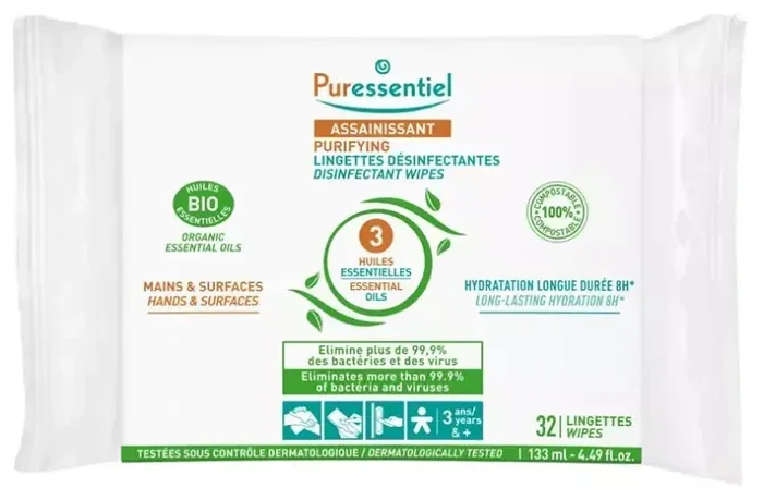 Puressentiel Lingettes Désinfectantes Mains & Surfaces Aux 3 HE – 32 Lingettes