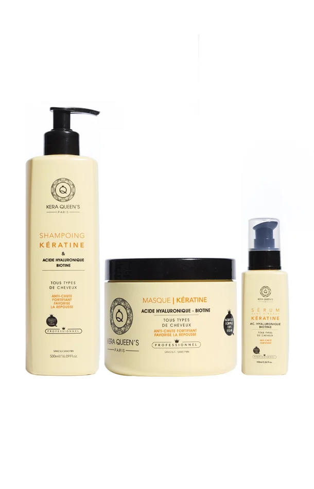 Routine nourrissante – Kératine, acide hyaluronique & biotine – Cheveux secs ou cassants – 3 produits
