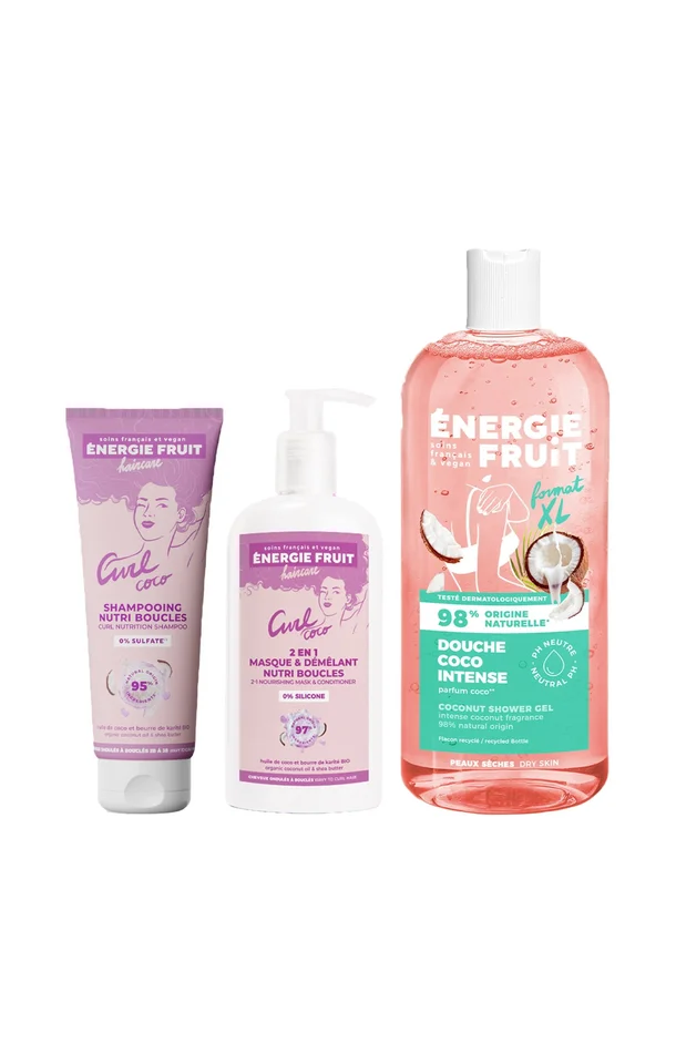 Routine soins – Coco & karité – Cheveux bouclés & Peaux sèches – 3 produits