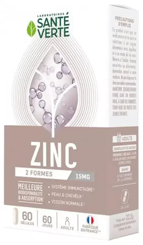 Santé Verte Zinc – 2 Formes – 15 mg – 60 Gélules