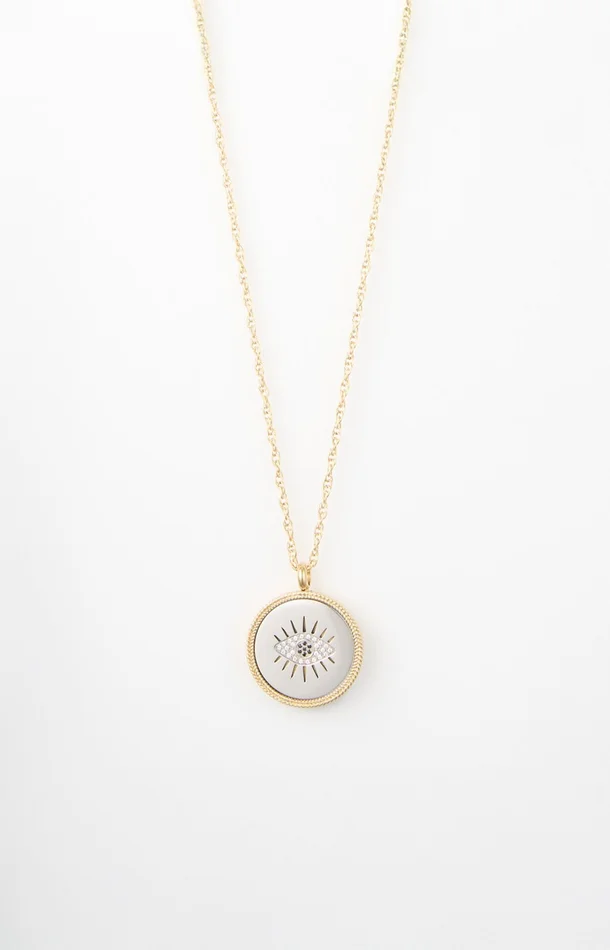 Sautoir pendentif serti – Laiton doré – Doré & blanc