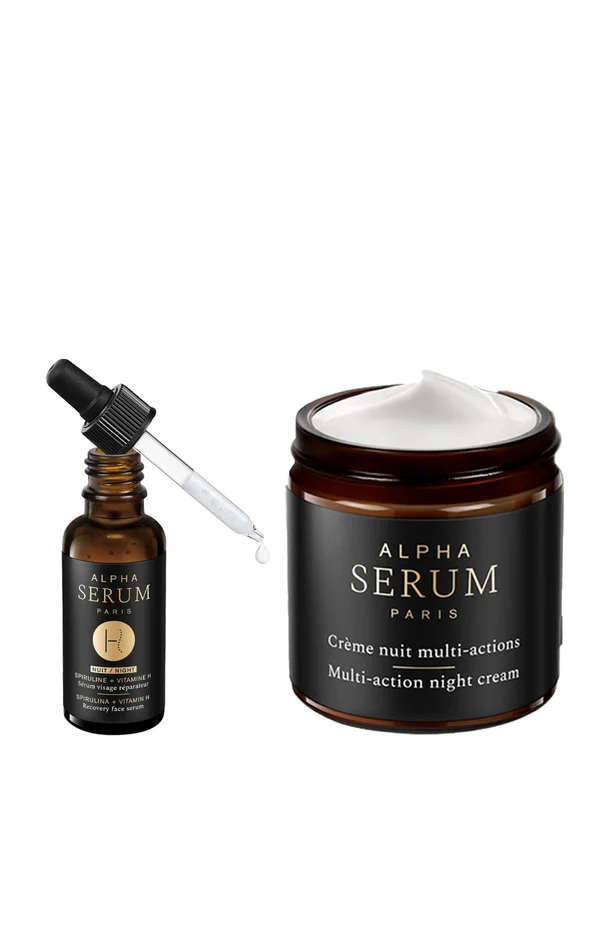 Sérum réparateur & crème nuit multi-actions – Acide hyaluronique & Spiruline – Nuit – Visage & yeux