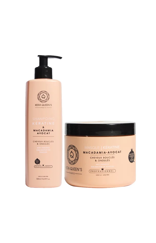 Shampoing & masque réparateurs – Kératine, macadamia & avocat – Cheveux bouclés, secs & abîmés – 2 x 500 ml