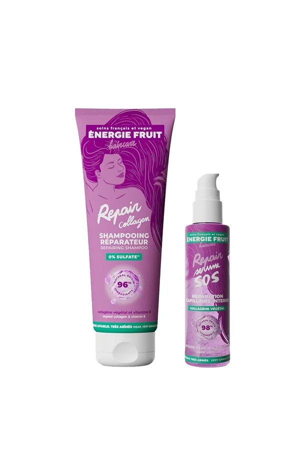Shampoing & sérum réparation – Collagène & vitamine B – Cheveux très abimés
