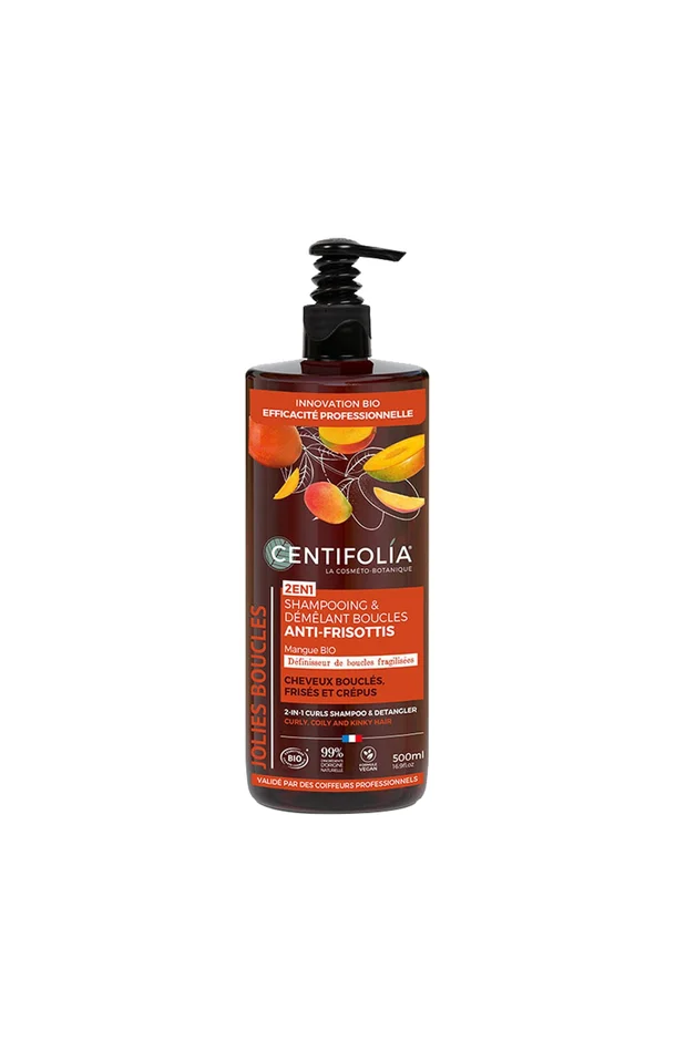 Shampoing démêlant 2-en-1 anti-frisottis bio – Mangue – Cheveux bouclés – 500 ml