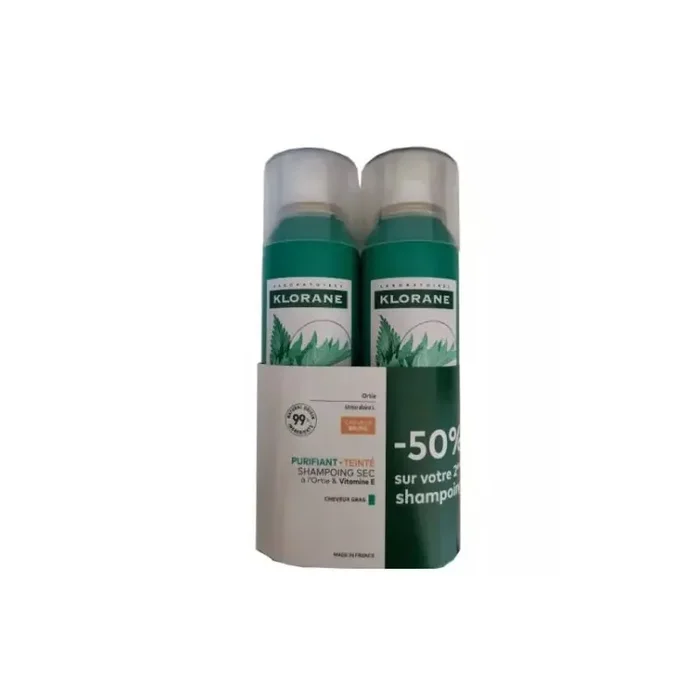 SHAMPOOING SEC PURIFIANT A L‘ORTIE TEINTÉ CHEVEUX BRUNS LOT DE 2 X 150ML KLORANE