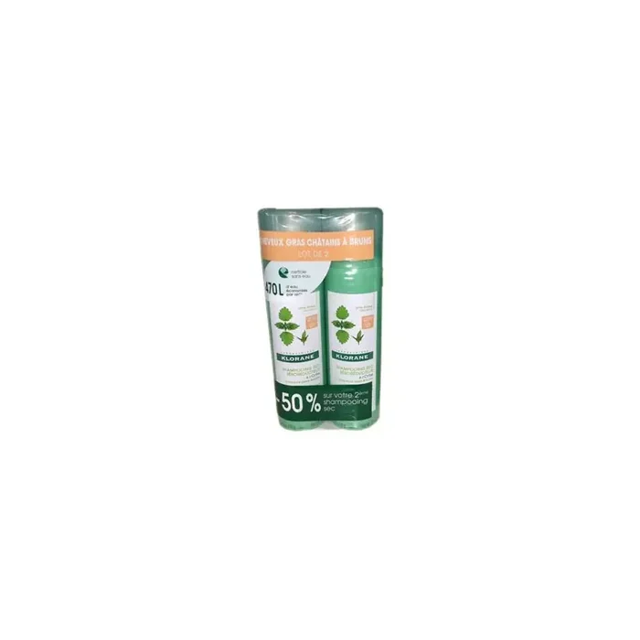 SHAMPOOING SEC SEBOREGULATEUR A L‘ORTIE CHEVEUX CHATAINS à BRUNS LOT DE 2 X 150ML KLORANE