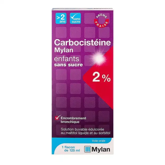 Sirop Carbocistéine Mylan 2% sans sucre – Enfants – Encombrement bronchique – 125 ml