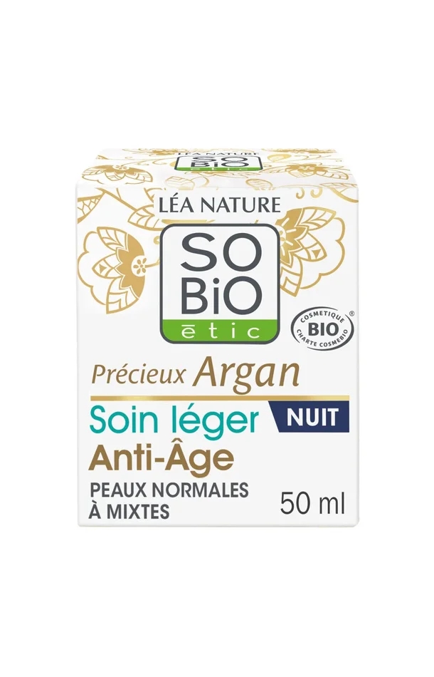 Soin léger de nuit anti-âge bio – Huile d’argan – Peaux normales à mixtes