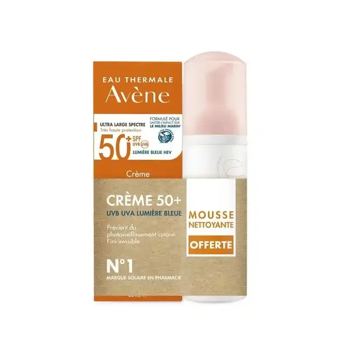 SOLAIRE CREME UVB UVA LUMIERE BLEUE SPF50 50ML + MOUSSE NETTOYANTE 50ML OFFERTE AVENE