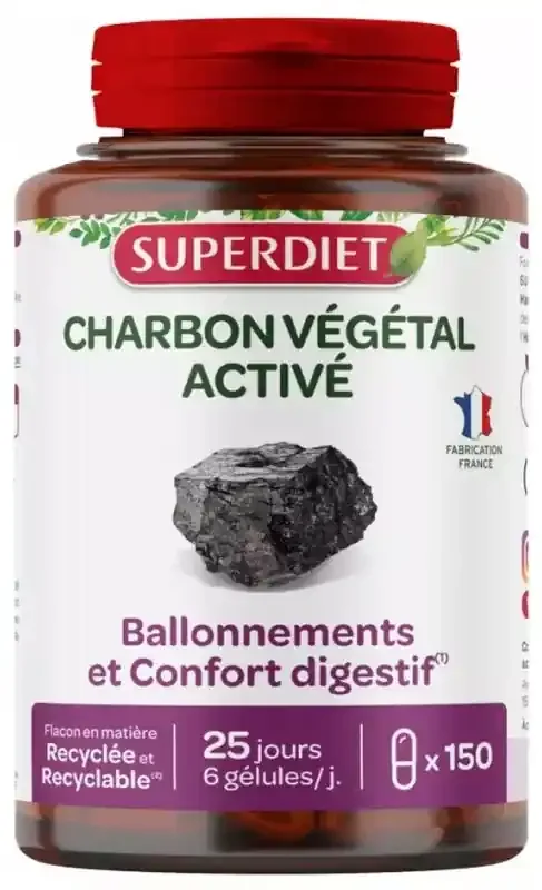Superdiet Charbon Végétal – Maxi Pot – 150 Gélules