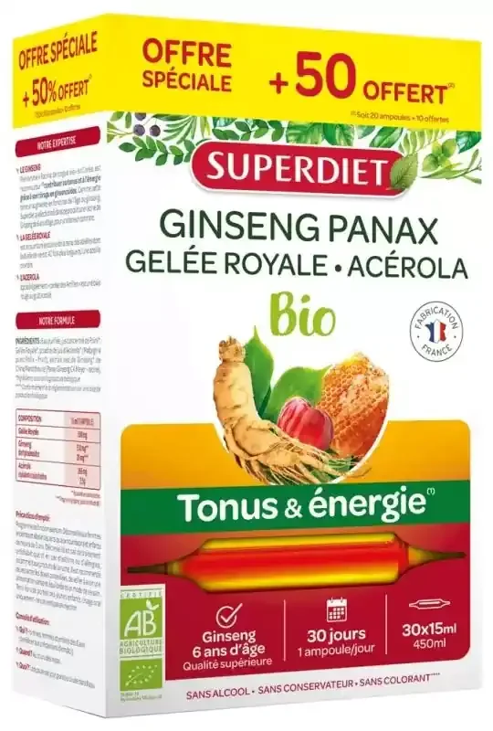 Superdiet Ginseng Gelée Royale Acérola Bio 30 Ampoules