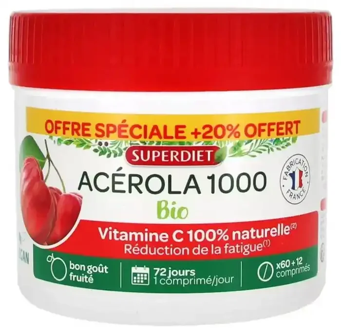Superdiet Maxi Pot Acérola 1000 Bio 72 Comprimés à Croquer