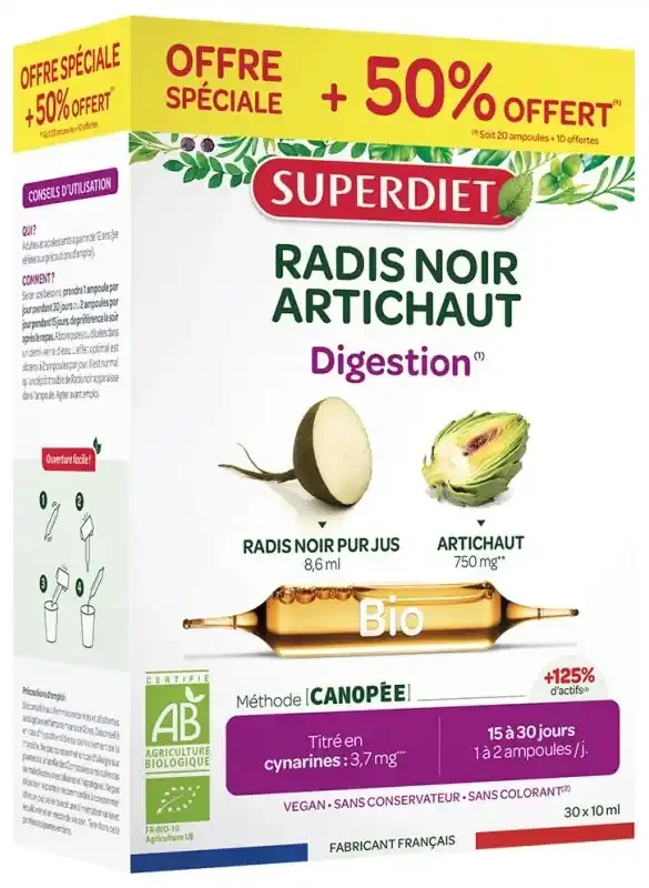 Superdiet Radis Noir – Artichaut Bio – Format Promo 20 Ampoules de 15 ml + 10 Ampoules Offertes