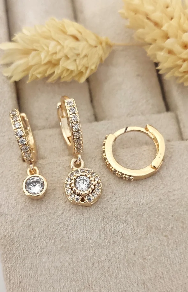 Trio boucles d’oreilles pendantes – Laiton plaqué or & zircon