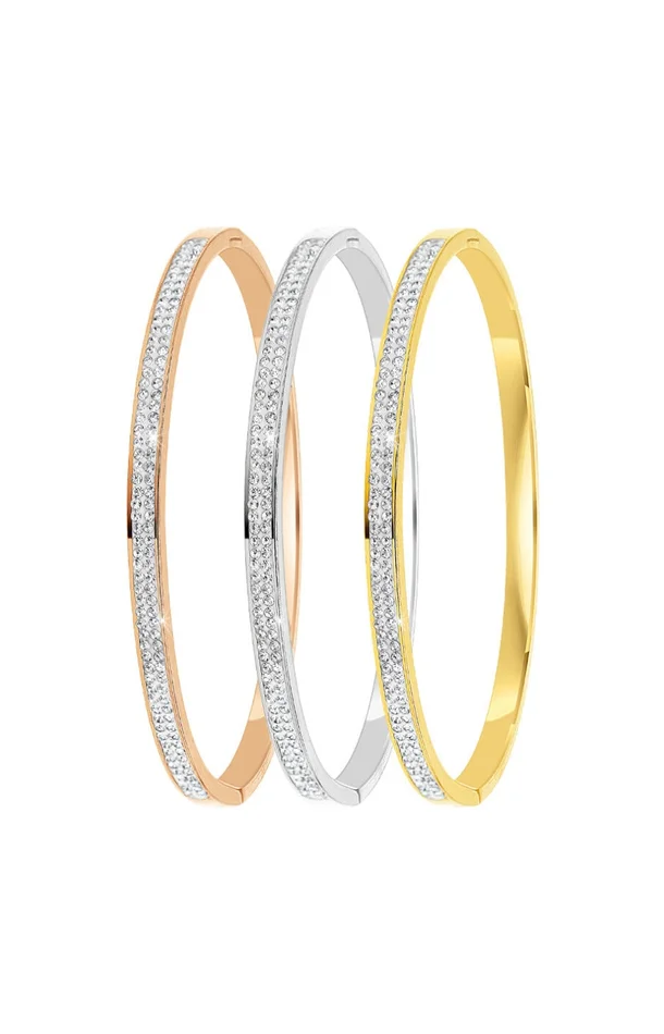 Trio de joncs – Acier inoxydable & cristal – Argenté, doré & or rose