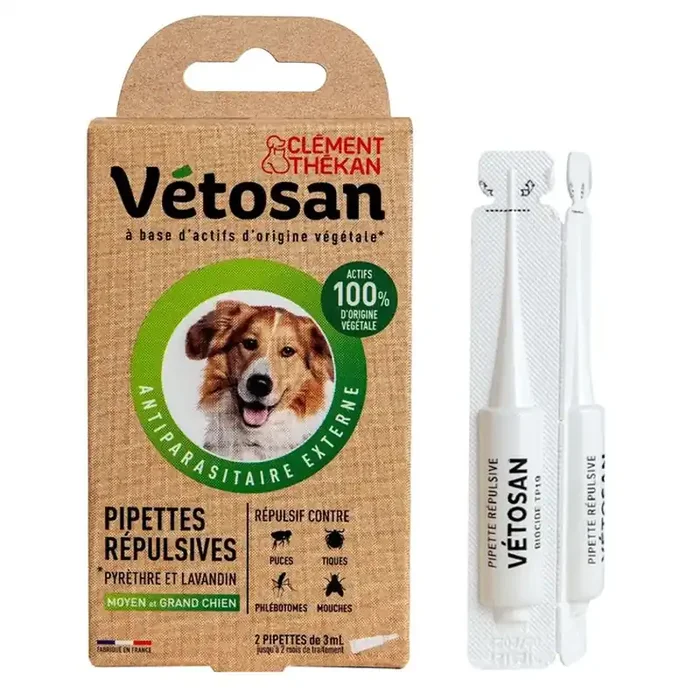 Vétosan – Pipettes Répulsives pour Moyen ou Grand Chien – 2 Pipettes de 3ml