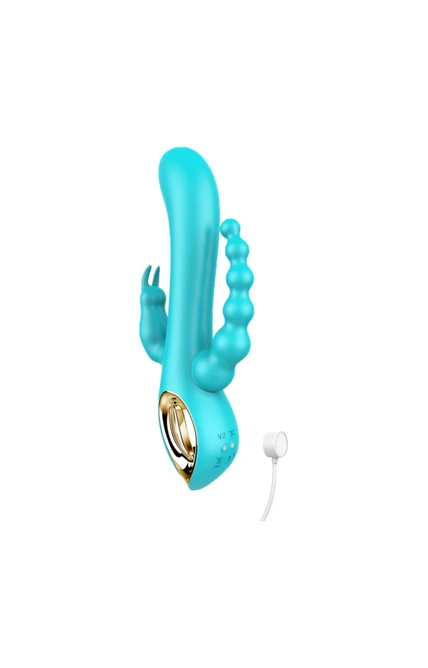 Vibromasseur triple stimulation waterproof – 10 modes – Bleu