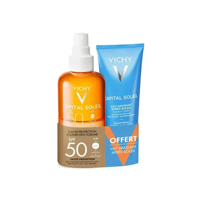 Vichy Capital Soleil eau de protection solaire hale sublime SPF50 – 200ml + lait apaisant apres-soleil 100ml