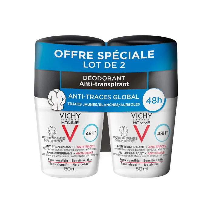 Vichy Homme Anti-Transpirant 48h – Anti-Traces Roll-On 2×50 ml